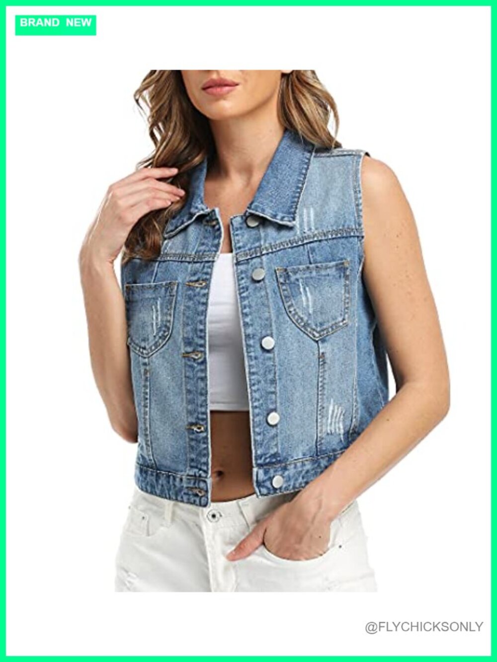 Cropped Distressed Denim Vest Sleeveless Button Front Jean Jacket